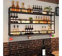Estante de exhibición de vino de pared metálica，mueble bar Con soporte para copa de vino，Metal hierro mueble botellero con luz LED，botellero de vino de pared Con soporte para copa de vino，3 capas(Blac