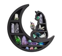 Estante de madera con diseño de gato en la luna para cristales, estante de exhibición negro de 14 pulgadas, fase lunar de media luna para piedra.
