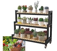 Estante de madera para plantas, 2 niveles y 3 niveles, estante de almacenamiento de marco de metal resistente con ruedas, soporte para flores que ahorra espacio, ancho 80/100/120 cm, versátil para