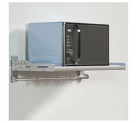 Estante de pared de acero inoxidable para microondas que ahorra espacio con 6 ganchos y estante plegable para especias, diseño moderno para soluciones de almacenamiento en el hogar y la cocina