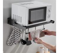 Estante de pared para microondas, 15 pulgadas de profundidad, aluminio espacial con soporte de plástico, capacidad de carga de 50 kg, instalación de perforación, color negro