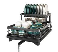 Estante de secado de platos de cocina, drenador plano de 2 niveles con diseño de ahorro de espacio, organizador de portavasos de utensilios con gran capacidad, para cubiertos cuencos Restaura