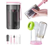 Estante de secado para biberones para viajes, estante de secado portátil y cepillo para botella para mamá trabajadora, visita a familias, amigos o campamento, color rosa