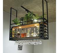 Estante de techo para botellas de vino con soporte de vidrio, estante de almacenamiento de vino colgante montado en la pared para cocina y bar, diseño rústico de madera y metal, perfecto para