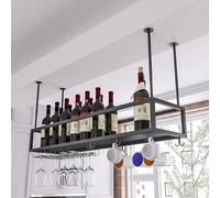 Estante de vino ajustable para montaje en techo con soporte para vidrio, para colgar vino de metal, para bar, cafetería, cocina, color negro, 30 cm a 59,9 cm de altura, 80 x 25 x 80 cm