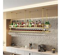 Estante de vino colgante de barra dorada, estante de vino montado en la pared con soporte de vidrio y altura ajustable, perfecto para cocina y bar en casa, diseño industrial de 150 cm para un