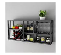 Estante de vino de estilo vintage montado en la pared con estantes flotantes y soporte para copas de vino, ideal para decoración de cocina, comedor o bar, acabado negro moderno, 120 x 25 x 60 cm