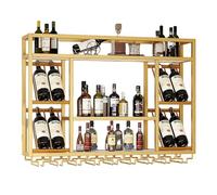 Estante de vino de metal LED montado en la pared, soporte industrial para botellas de vino y estante de vidrio de techo para el hogar, bar, comedor y cocina, acabado dorado (100 x 70 x 25 cm)
