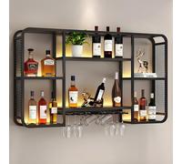 Estante de vino de pared de estilo industrial con luz LED y soporte para copas de vino, estante flotante de metal para botellas de licor, solución de almacenamiento creativa para el hogar, bar, negro