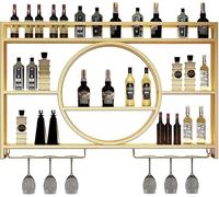 Estante de vino dorado montado en la pared con soporte de vidrio para colgar, gabinete retro para bar de whisky para decoración del hogar, pub y accesorios de bar (tamaño: 120 x 15 x 80 cm)