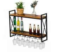 Estante de vino montado en la pared, almacenamiento colgante rústico con soportes para copas de tallo, estante de exhibición de metal para decoración de cocina