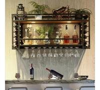Estante de vino montado en la pared de metal con soportes para copas de vino para colgar debajo del estante, estante de bar, soporte para botellas de vino, gabinete de bebidas, estante de exhibición