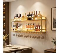 Estante de vino montado en la pared, estantes de barra de metal para exhibición de botellas de licor con estante de vidrio y luz LED, minibar flotante para uso en el hogar, cocina y restaurante