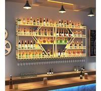 Estante de vino montado en la pared, soporte para botellas de hierro con soporte para vasos, estante de vino de metal, almacenamiento de vino que ahorra espacio, acabado dorado, 180 cm, perfecto para