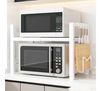 Estante extensible para microondas de 2 niveles, soporte de metal resistente con ganchos para encimera de cocina, ahorro de espacio