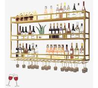 Estante flotante de pared dorado para bar con luz LED, estante de licor montado en la pared, exhibición de botellas de vino con soporte de vidrio colgante para decoración del hogar, bar y comedor.