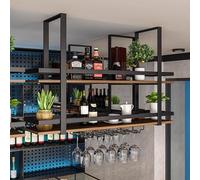 Estante flotante industrial para botellas de vino, estante de vino montado en el techo, estantes de madera con ganchos de vidrio para copas de vino, decoración elegante del hogar.