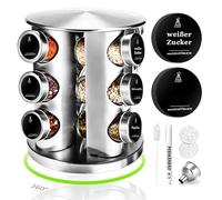 Estante giratorio para especias de 360° con 12 tarros de cristal (100 ml), organizador de especias con tapas de acero inoxidable, soporte giratorio para especias para encimeras y cajones de cocina