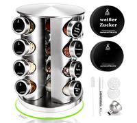 Estante giratorio para especias de 360° con 16 tarros de cristal (100 ml), organizador de especias con tapas de acero inoxidable, soporte giratorio para especias para encimeras y cajones de cocina