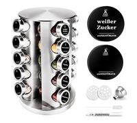 Estante giratorio para especias de 360° con 20 tarros de cristal (100 ml), organizador de especias con tapas de acero inoxidable, soporte giratorio para especias para encimeras y cajones de cocina