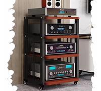 Estante HiFi con ruedas de madera de 4 niveles, estantes ajustables para equipos estéreo, consola multimedia para cine en casa, oficina, acabado negro y teca