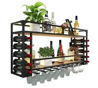 Estante industrial de metal montado en la pared con soporte para vidrio, almacenamiento de gran capacidad para botellas de vino y copas de vino para colgar en el hogar, bar, negro, 39.4 x 21.6 x 10