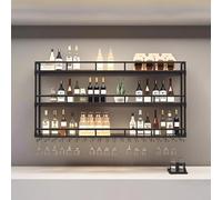 Estante industrial para vino montado en la pared, estante flotante de 3 niveles con soporte de vidrio, marco de hierro, estante para whisky, barra negra y dorada para cocina y comedor (200 cm)