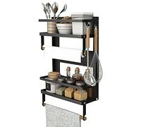 Estante magnético para especias, estante magnético de cocina de 4 niveles para refrigerador, organizador de refrigerador con 2 soportes para toallas de papel y 5 ganchos extraíbles, negro mate