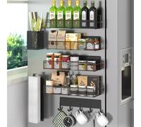 Estante magnético para especias para refrigerador, paquete de 7 estantes magnéticos de metal negro, organizador de especias móvil con estante de gancho, soporte para toallas de papel, soporte para