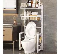 Estante organizador de baño con cesta de malla extraíble, patas antideslizantes ajustables, material de acero al carbono, estante retráctil para inodoro (blanco, 2 capas)