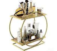 Estante organizador de escritorio de 2 niveles para cosméticos y artículos esenciales diarios en la encimera del baño con marco de acero al carbono y perfil elegante (dorado)