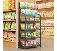 Estante para aperitivos de supermercado para el hogar, despensa, teatro, estante de exhibición comercial al por menor de 4 niveles, organizador de bolsas de patatas fritas con barandilla