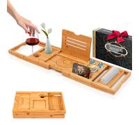 Estante para ba era de bamb SereneLife con asas antideslizantes de longitud ajustable, soporte para dispositivos integrado y ranura para copas d