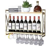 Estante para botellas de vino y copas montado en la pared con acabado dorado, elegante solución de almacenamiento para bar en casa, 60 x 20 x 52 cm, elegante organizador de vino para botellas y vasos
