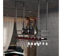 Estante para copas de vino de techo, estante colgante para vinos con soporte para copas, estante industrial de pared de 2 capas, soporte metálico para botellas de vino de techo, estante flot