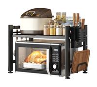 Estante para horno microondas con estante ajustable de 2 niveles, organizador de cocina de acero al carbono con 6 ganchos, soporte para tabla de cortar, soporte para cuchillos y caja de cubiertos,