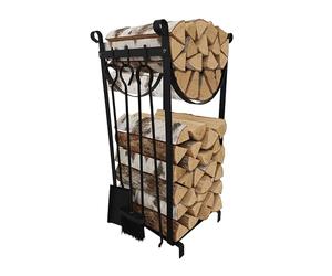 Estante para leña Relaxdays con Herramientas de Chimenea, 2 Niveles, tenazas, Escoba, Pala, Hierro, Negro