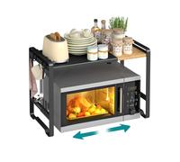 SONGMICS Estante Expandible para Microondas, Soporte para Microondas, Anchura Ajustable 41,5-64 cm, para Cocina, Acero y Bambú, 4 Ganchos, Negro Tinta y Bambú Claro KCS060B01