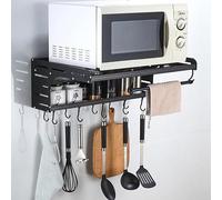 Estante para microondas, estante de pared de aleación de aluminio, estante de almacenamiento multifuncional de 2 capas con ganchos