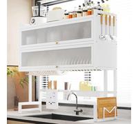 Estante para platos de 3 niveles con puertas acrílicas, estante de acero al carbono para cocina y baño, diseño de ahorro de espacio, color blanco, 105 x 28 x 102 cm, ideal para platos y utensilios