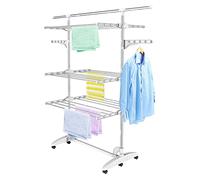 Estante para Secado de Ropa, 3 Niveles, Barra Superior Extensible, Blanco | Tubos de Acero Inoxidable, Estantes de Secado Plegables con 6 Ruedas 2 Alas, para Interior Exterior