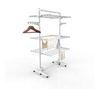 Estante para Secado de Ropa, Torre de Ropa 3 Niveles, Barra Superior Blanco | Tubos de Acero Inoxidable, Estantes de Secado Plegables con 6 Ruedas 2 Alas, para Interior Exterior
