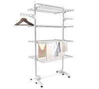 Estante para Secado de Ropa, Torre de Ropa 4 Niveles, Barra Superior Blanco | Tubos de Acero Inoxidable, Estantes de Secado Plegables con 6 Ruedas 2 Alas, para Interior Exterior