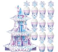Estante para tartas de tres pisos con copos de nieve morados, fiesta temática de castillos, estante para postres, artículos de cumpleaños de castillos, decoración para fiestas infantiles, productos de