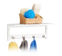 Relaxdays Estante de Pared con 4 Ganchos, 17,5 x 50 x 16 cm, bambú, toallero, Perchero, Libre, Blanco