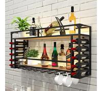 Estante rústico de pared para vino con luces, gabinete industrial de metal para licor, estante de madera de 2 niveles, estantes flotantes, decoración de bar, hogar, cocina, estante de exhibición