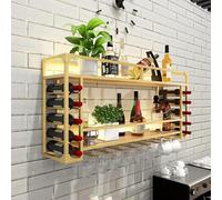 Estante rústico de pared para vino con luces, gabinete industrial de metal para licor, estante de madera de 2 niveles, estantes flotantes, estante de exhibición para bar, hogar, cocina, decoración
