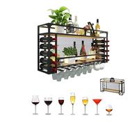 Estante rústico industrial de 2 capas para copas de vino y botellas para el hogar, restaurante, bar, estilo vintage, colgante de vino con estantes flotantes