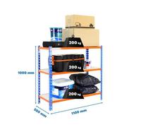 Simon Rack Estanteria Metalica, 1000x1100x500 mm, 3 Alturas, Bandeja Madera, 200 kg de Punto Flexión, Estanteria Almacenaje, Azul/Naranja/Madera - Maderclick