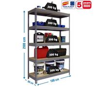 SimonRack Estantería Metálica Almacenaje, Sin Tornillos, 5 Baldas Madera, Alta Capacidad Carga 300 kg, 2000x1000x600 mm, Estantería Taller Garaje Trastero, Gris/Madera